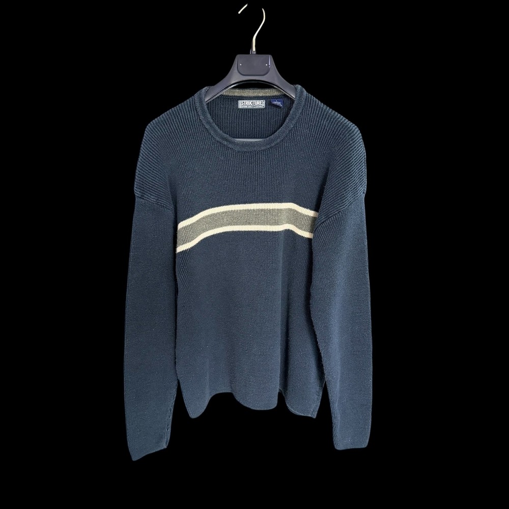 Vintage Y2K Structure Navy‎ Cyber Stripe Ribbed Knit Sweater Ramie Cotton Large